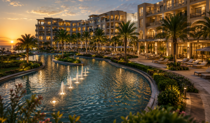 Luxury resort water feature developed through close client partnership and custom fountain design by Sun and Pool