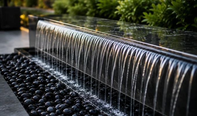 Luxury stainless steel waterfall feature with smooth sheet water flowing over a modern stone edge.
